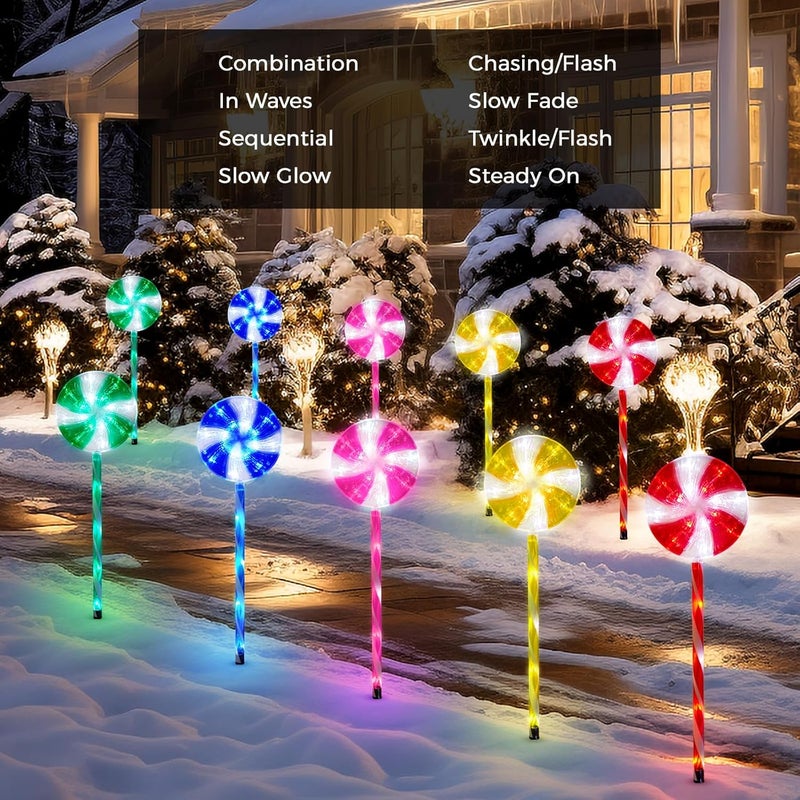 ILLUMINEW Outdoor Christmas Decorations Solar Pathway Lights, Set of 10 Lollipops Peppermint Stake Lights, 8 Modes Candy Cane Walkside Lights, Outdoor Xmas Decoration for Walkway,Yard (10PCS-Multi) - Image 4